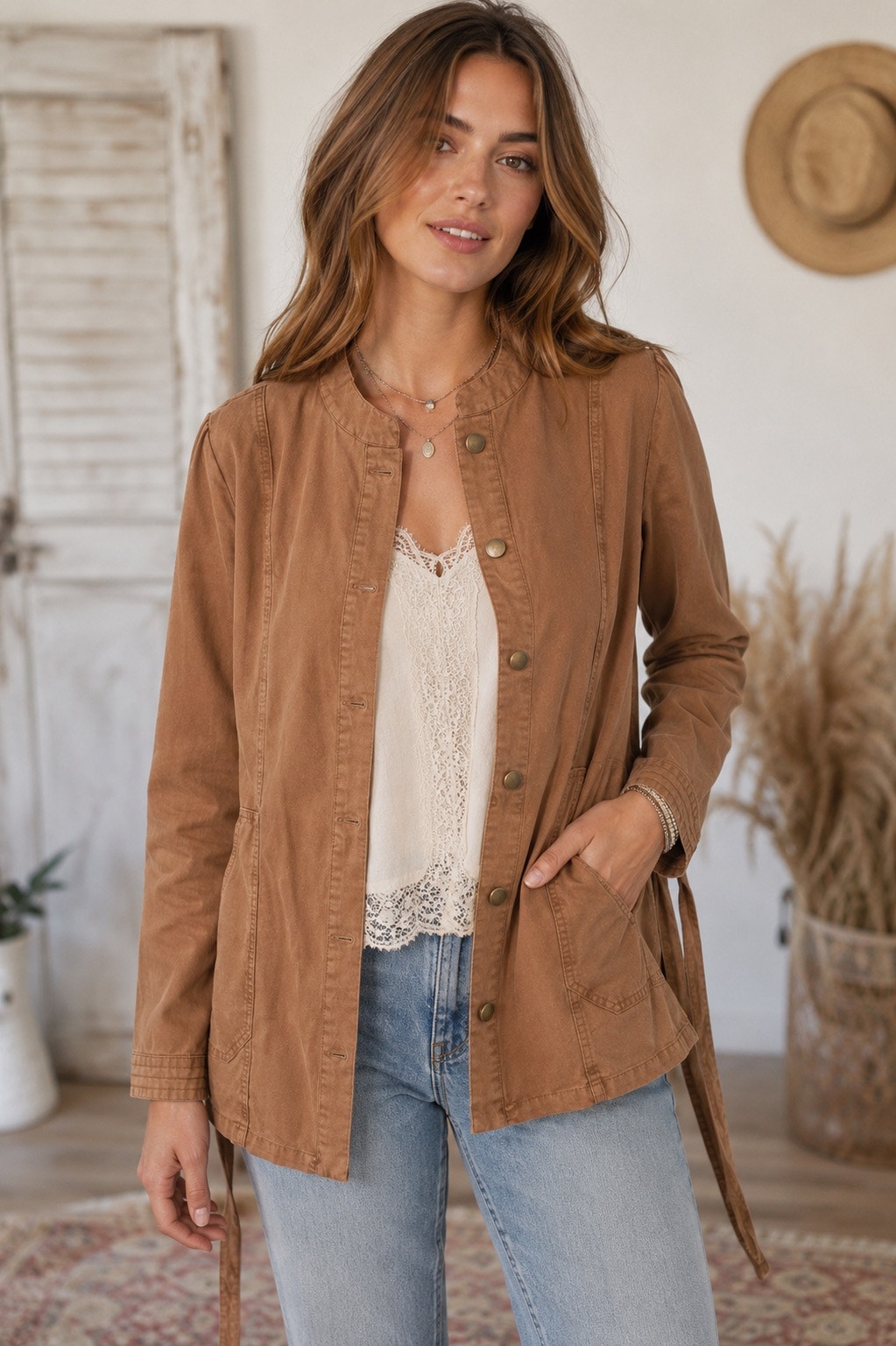 Maurices Tan Lightweight Military Twill Belted Jacket Women’s Size Large Snap